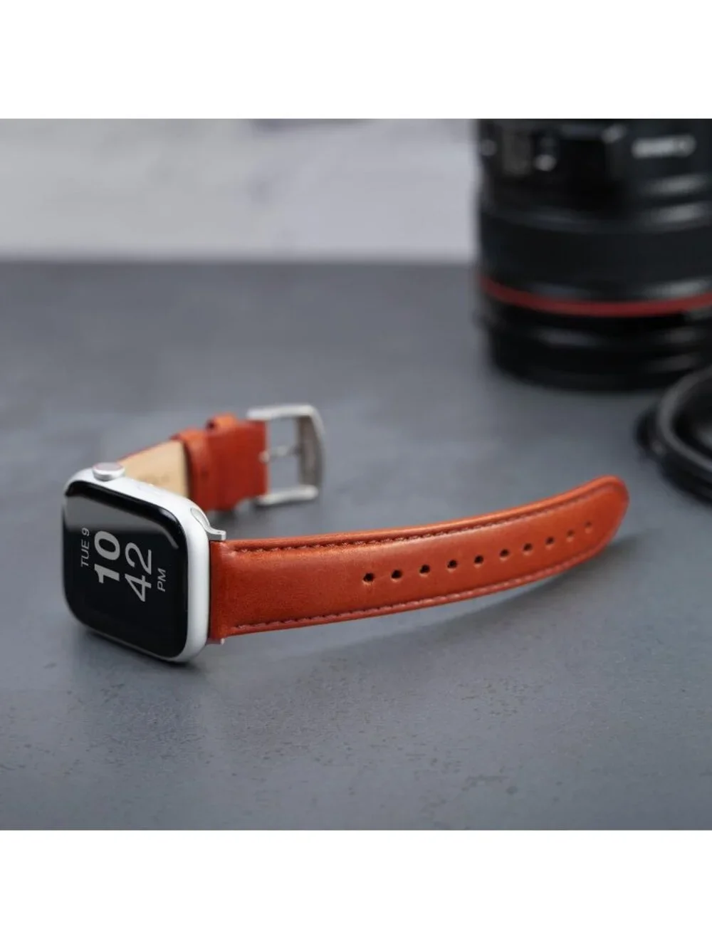Men's Cognac/Matched Thread Matte Silver Hardware Leather Straps Apple Watch
